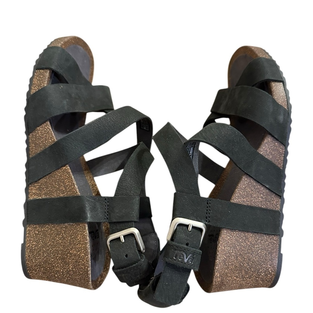 Teva Mahonia Sandals Women's 6 Black Nubuck Leather Strappy Cork Wedge Buckle - Picture 8 of 9